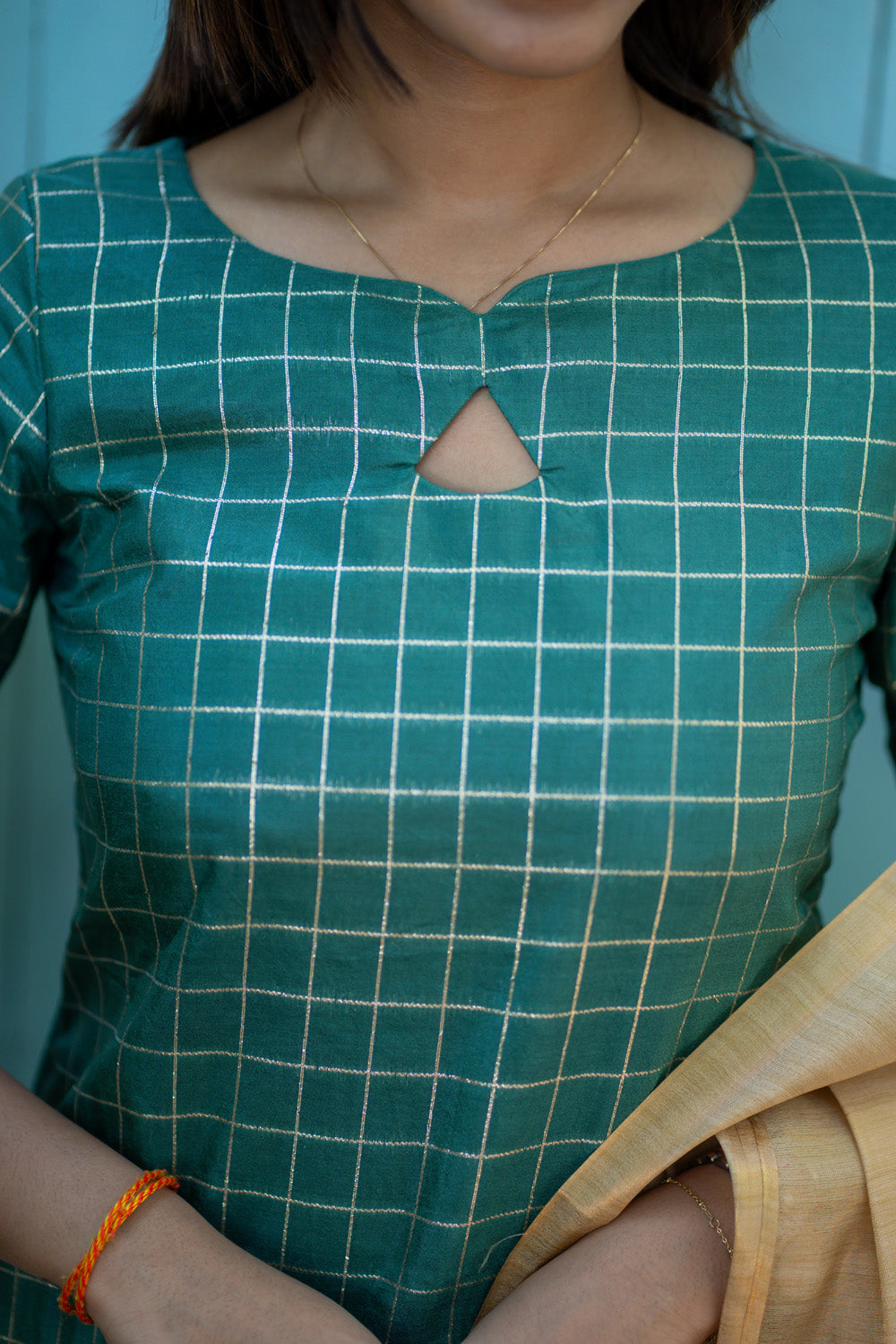 AA266 Bottle Green Checks with Temple Border Dolla Silk Kurti with Golden Tissue Silk Dupatta