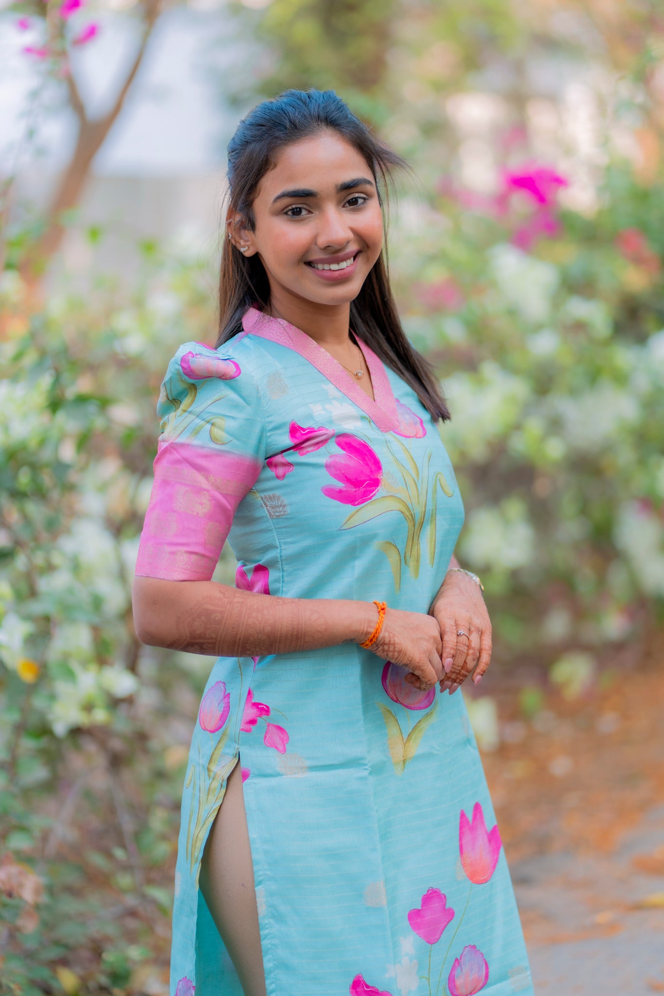 AA196 Blue with Pink Combo  Floral Checks Silk Kurti