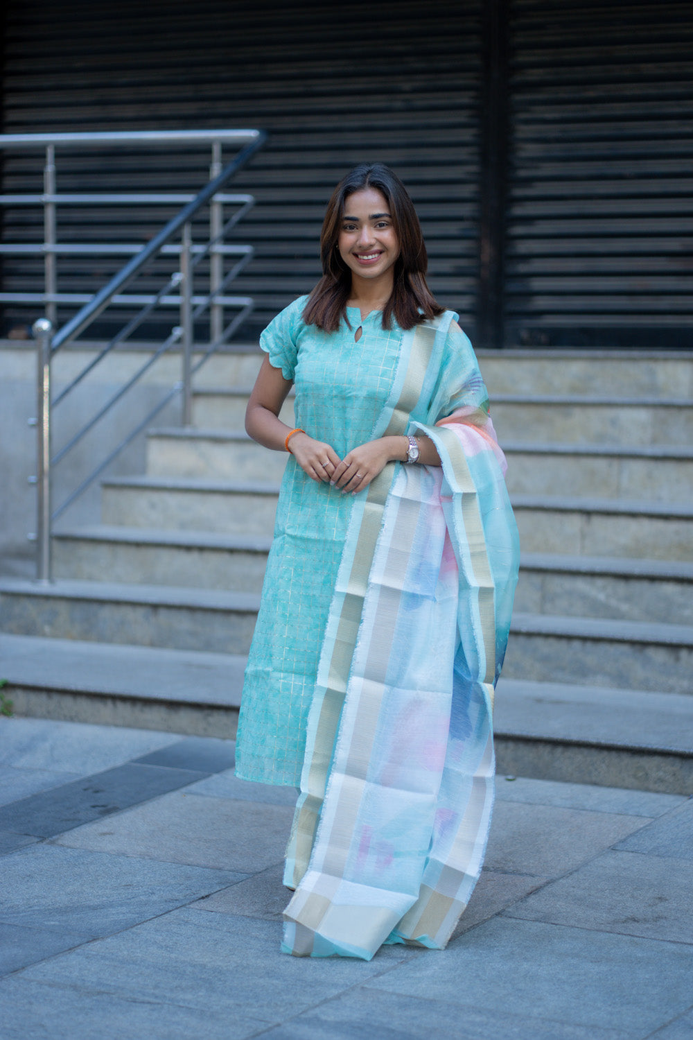AA262 Blue Checks Digital Silk Salwar