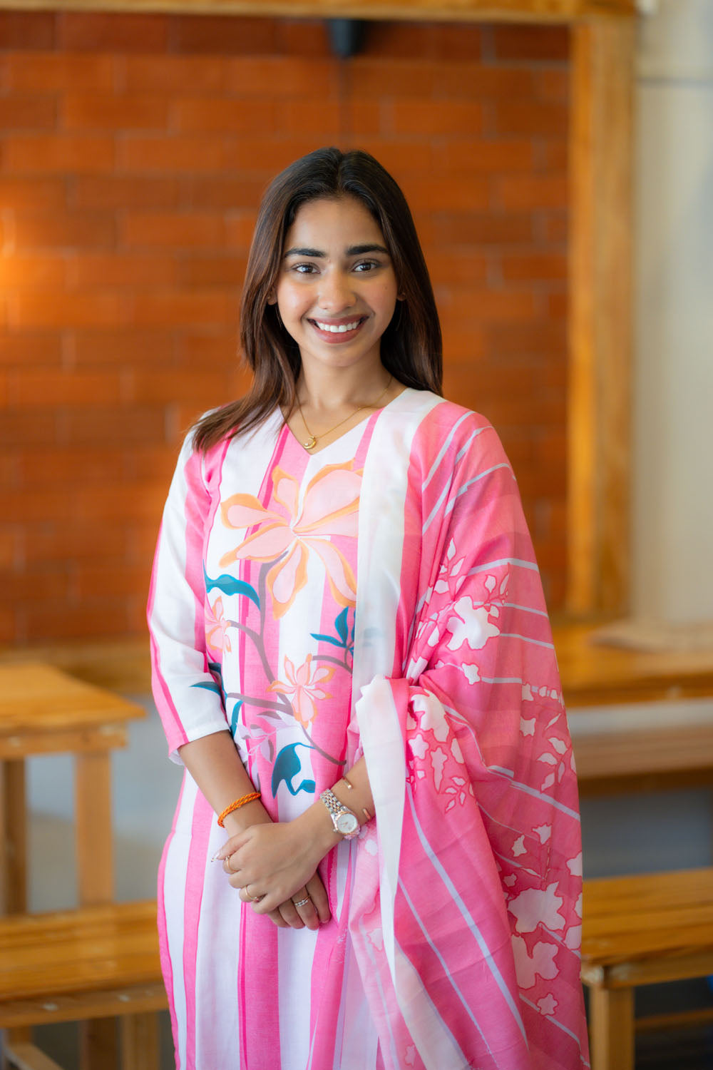 AA239 Pastel Pink with White Stripes Cambric Cotton 3 Pc set