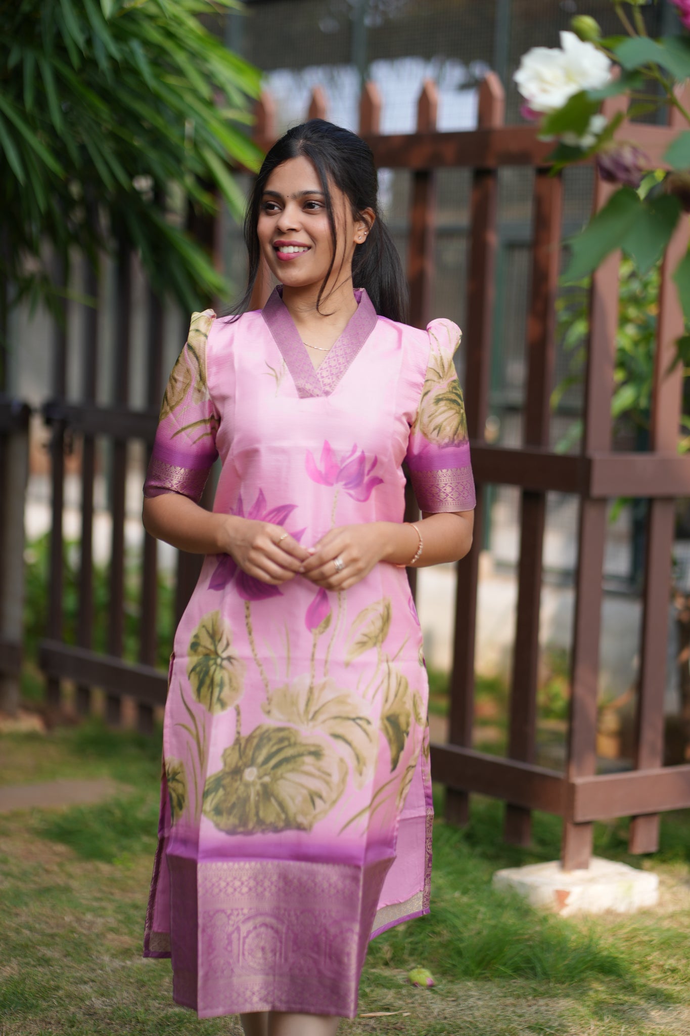 AA161 Lavender Floral Tissue Silk Kurti