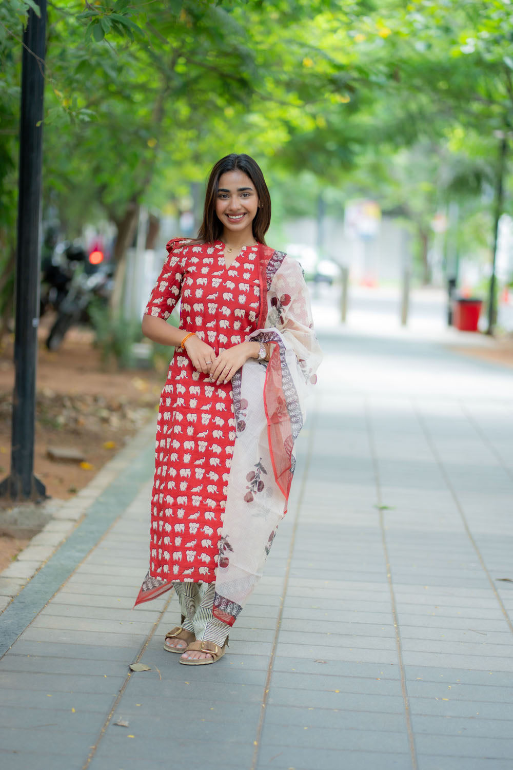 AA240 Elephant Print Cotton Salwar Set with Kota Dupatta