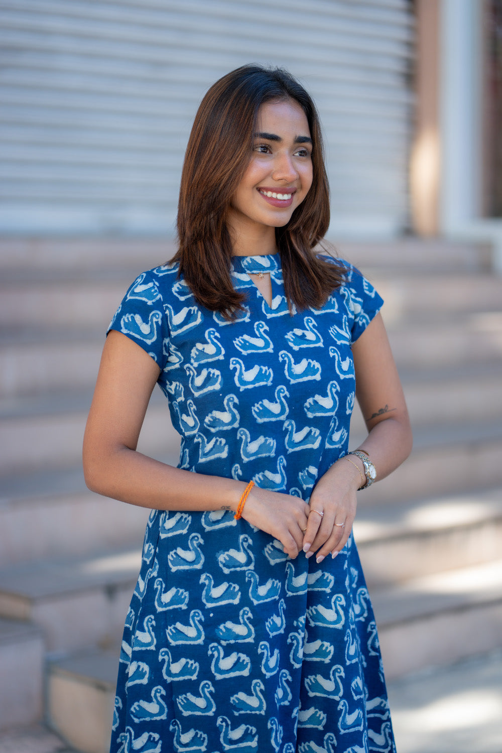 AA265 Indigo Blue Swan Print Cotton Aline Dress