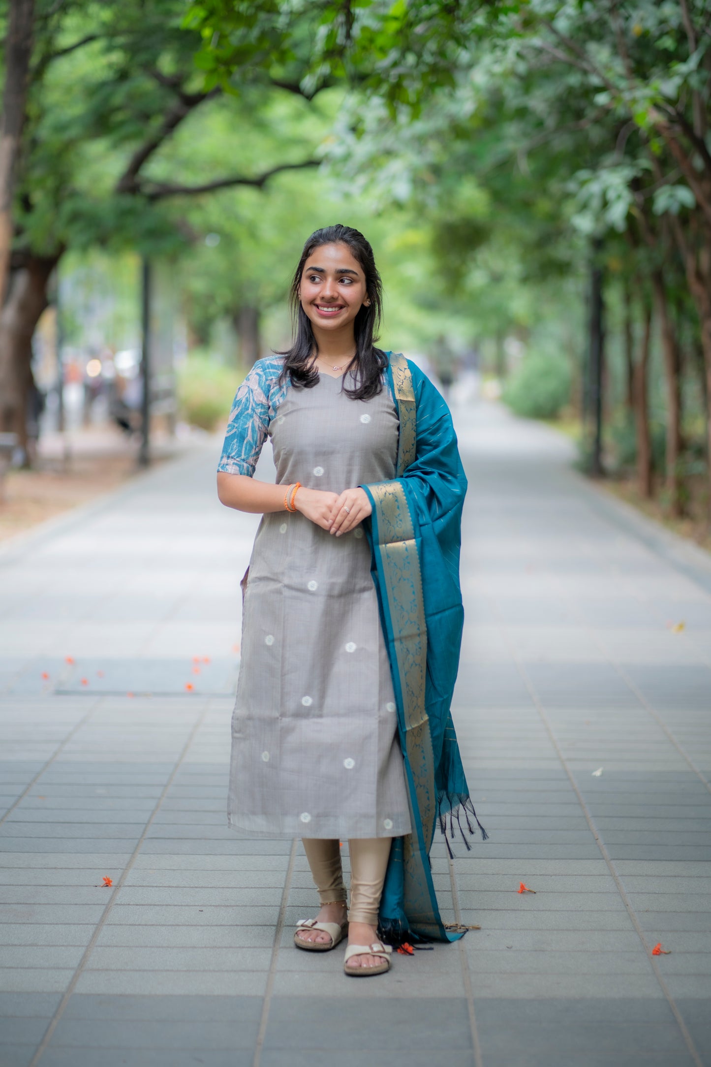 AA072 Grey Raw Silk Top with Peacock Blue Dupatta