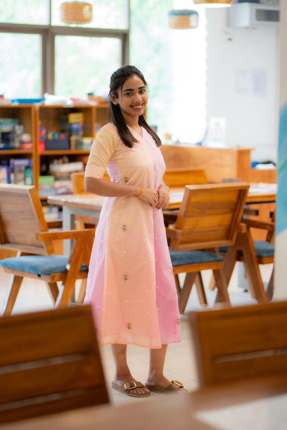 AA222 Peach with Pink Combo  Mul Chanderi Embroidery Aline Dress