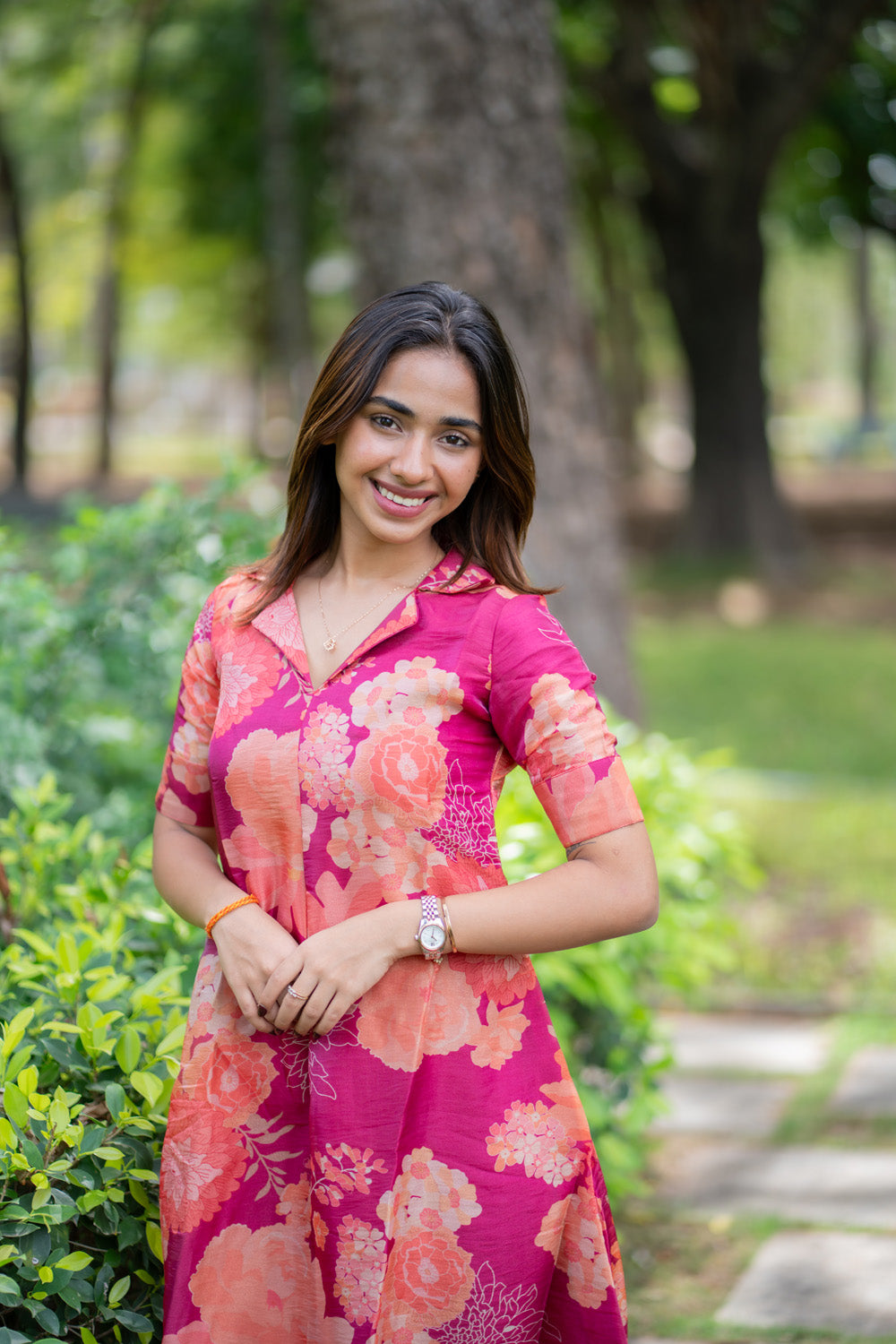 AA294 Magenta Pink Floral Chiniya Silk Aline Dress