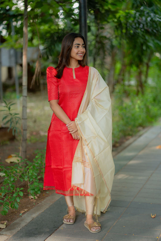 AA244 Red Checks Tissue Silk Kurti with Golden Dupatta