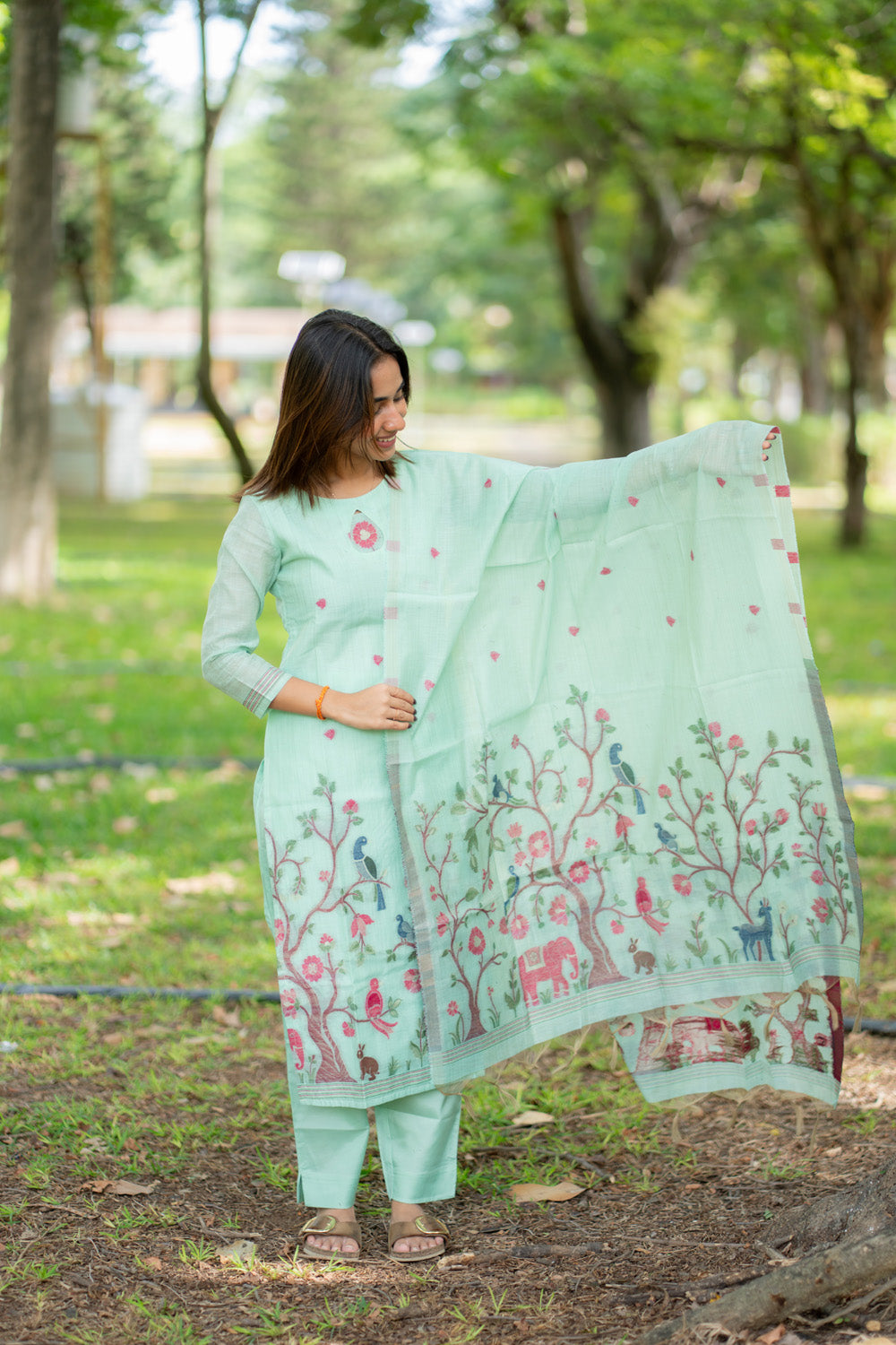 AA293 Blue Linen Jamdhani Salwar Set with beautiful Floral,Elephant,Peacock Prints