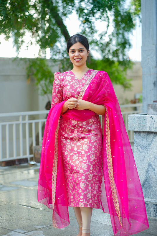 AA106 Hot Pink Tissue Brocade  Silk kurti with Designer Organza  Dupatta