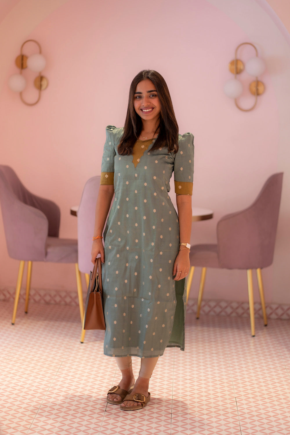 AA180A Teal Blue With Mustard Combo Shimmer Silk Kurti (warning :Don’t Iron Directly)