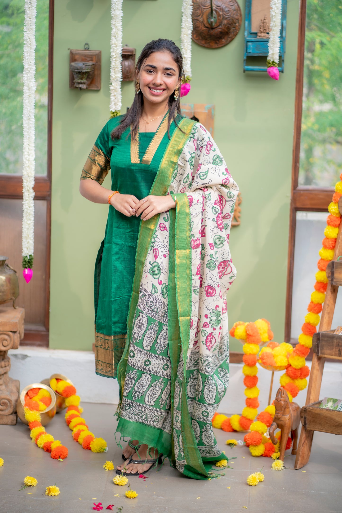 AA150 Dark Green Pure Mangalagiri Silk Kurti with kalamkari Dupatta