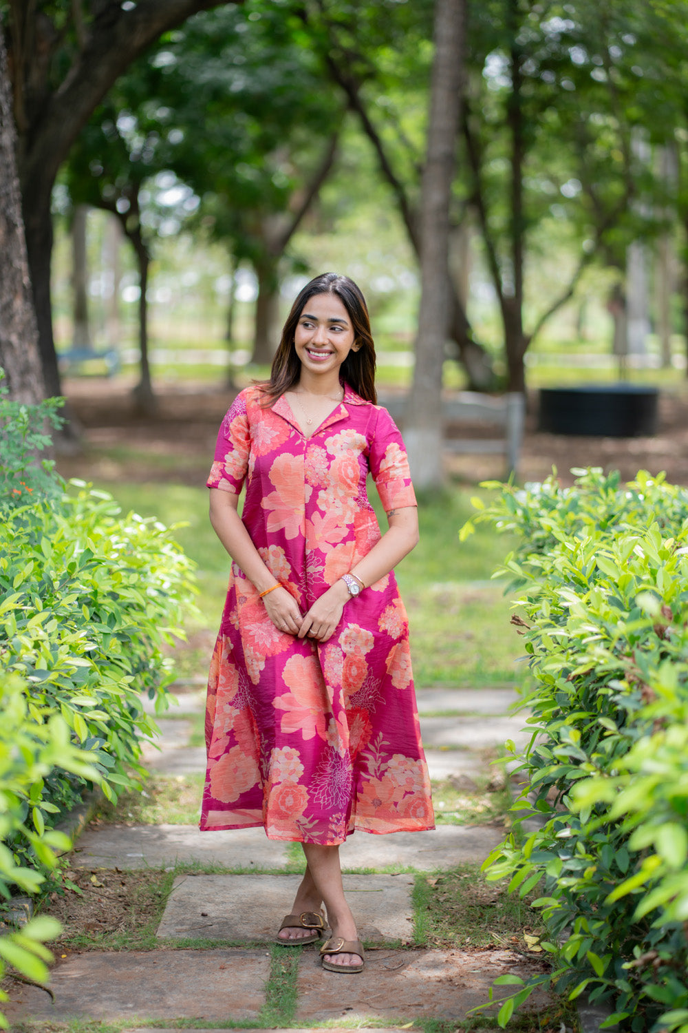 AA294 Magenta Pink Floral Chiniya Silk Aline Dress