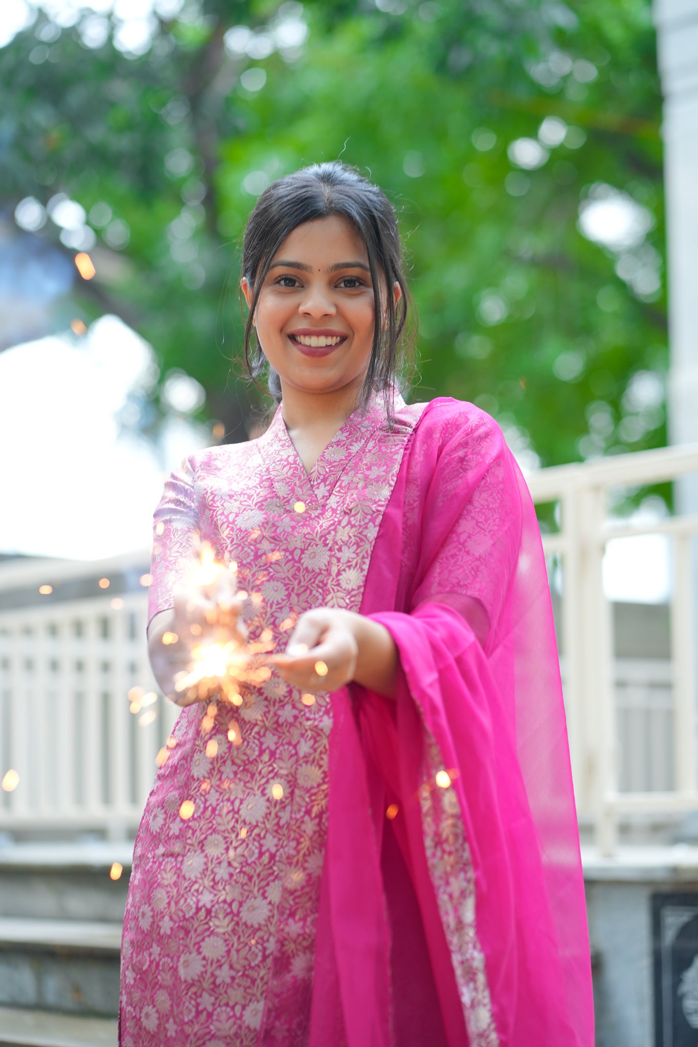 AA125 Rani Pink Brocade Silk(3 PC set )with Organza Dupatta