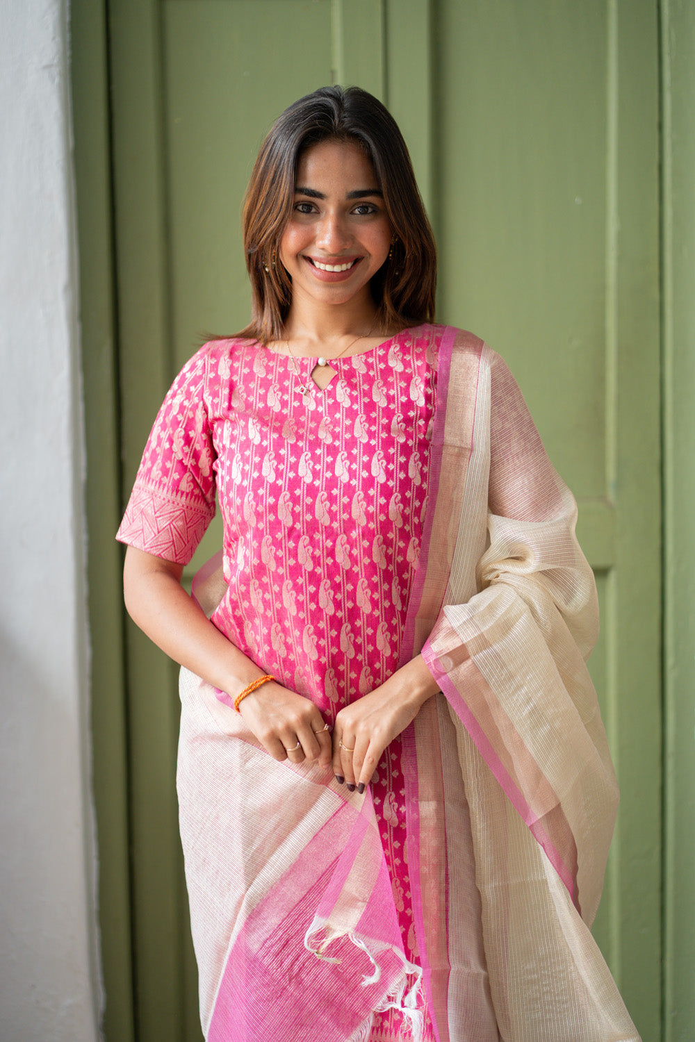 AA306 Pink Banarasi Silk Salwar Set With Beautiful Border & White Kota Dupatta with Pink Border