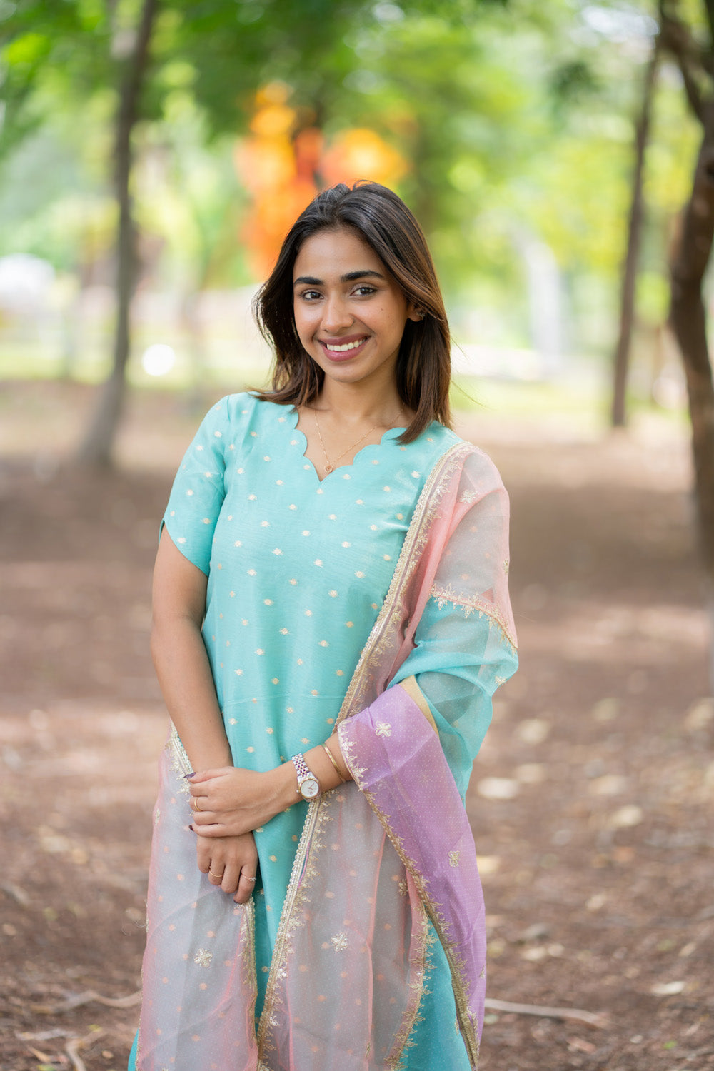 Blue Designer Silk Top & Pant with Multicolour Dupatta