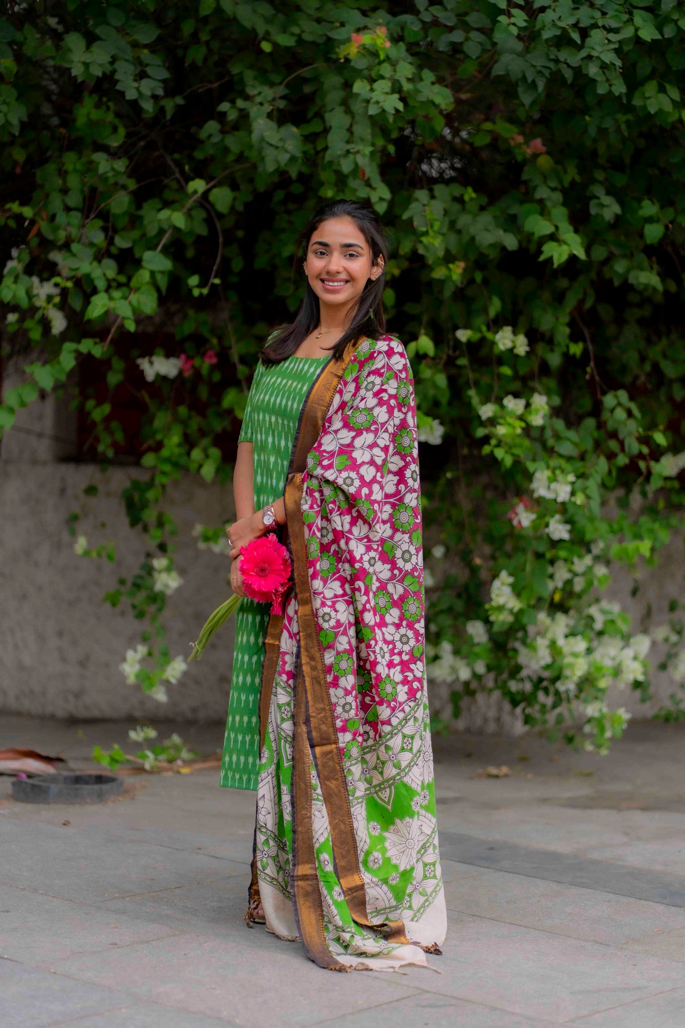 AA201 Green Ikkat Cotton Kurti with Kalmkari Dupatta