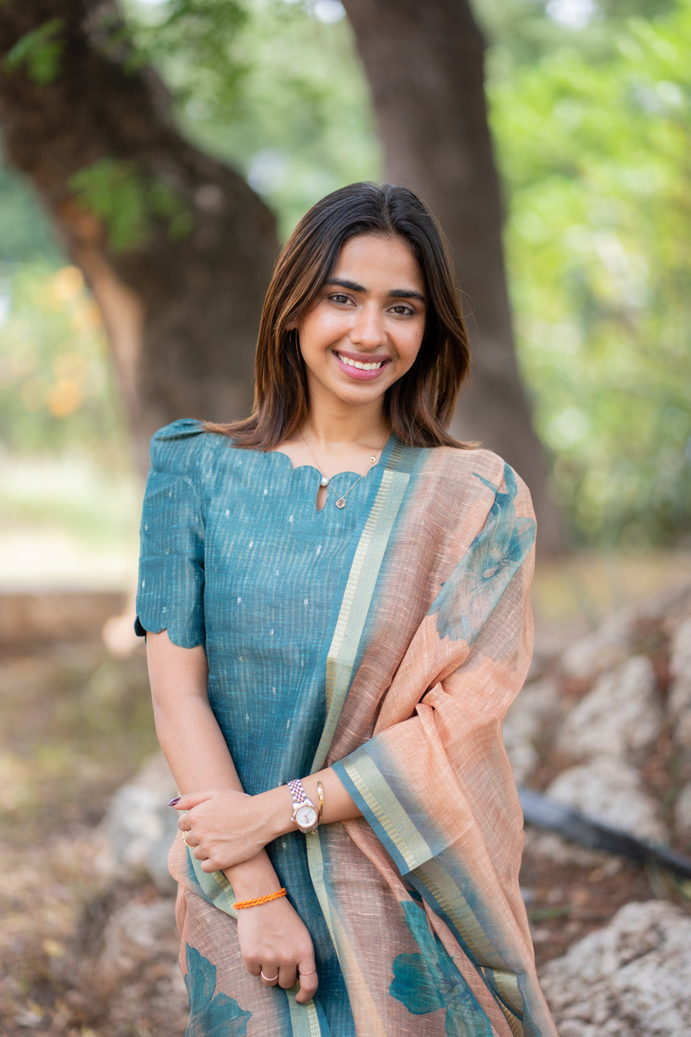 AA297 Teal Blue Chanderi Tissue Silk With Stripes & Golden Motifs Kurti with Dupatta