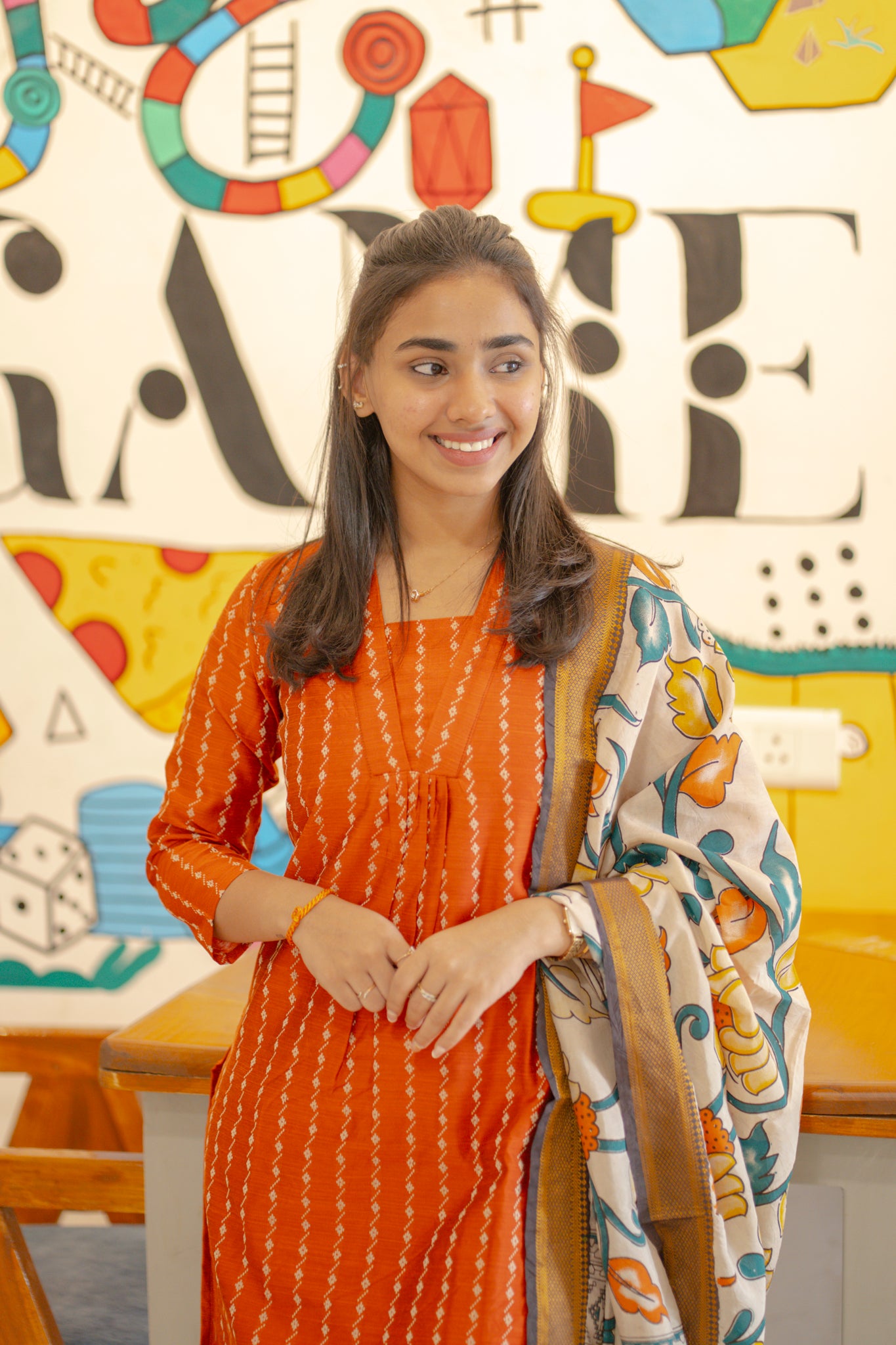 AA140 Orange Raw Silk Kurti with Kalamkari Dupatta