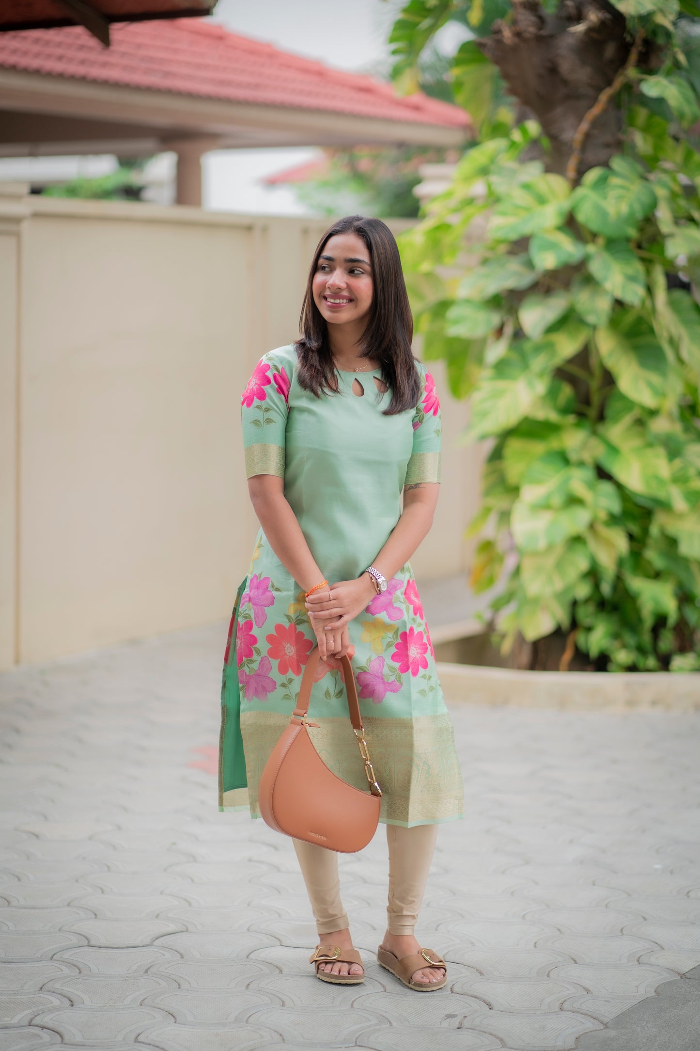 AA154 Pastel Green Floral Tissue Silk Kurti