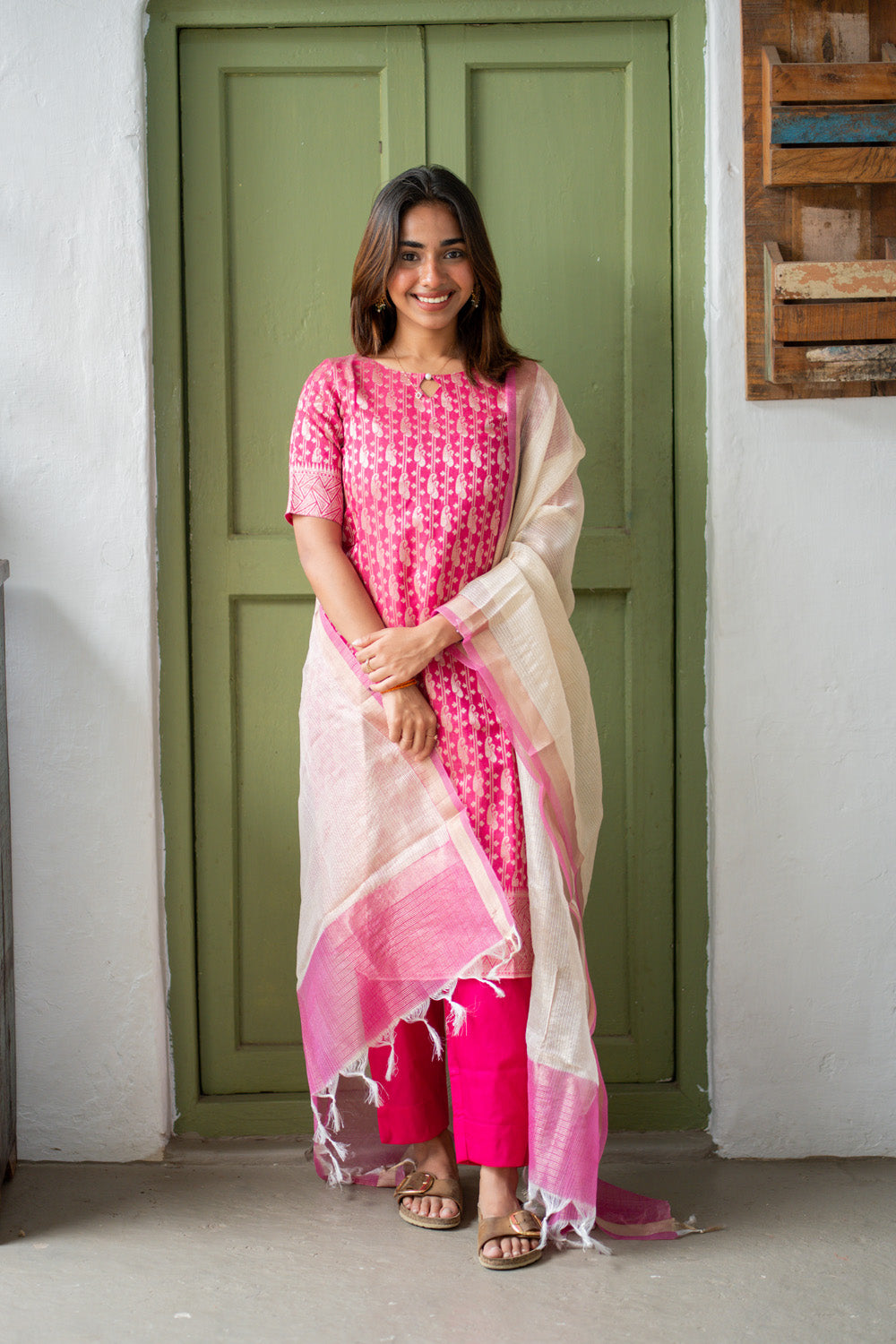 AA306 Pink Banarasi Silk Salwar Set With Beautiful Border & White Kota Dupatta with Pink Border