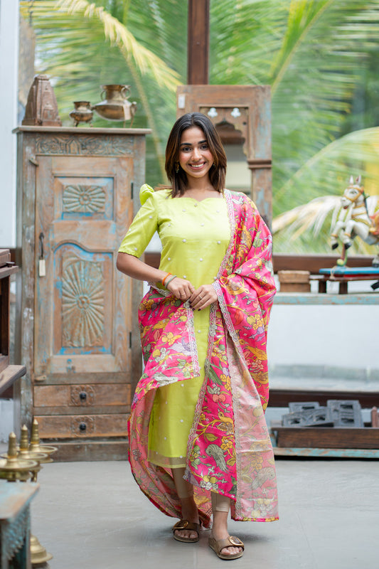 AA299 Gulabi Kalamkari Silk set (Pistachio Beads work Organza Kurti with Kalamkari Silk Dupatta with Scallop at the edges)