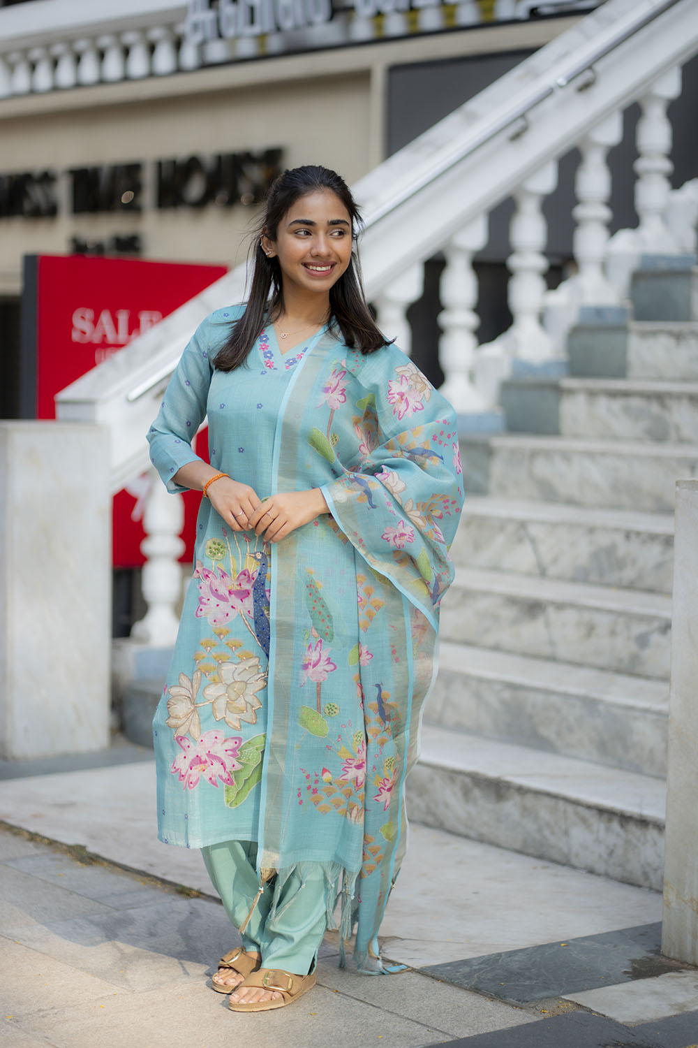 AA210 Blue Linen 3 Pc Salwar Set with Peacock & Floral Design