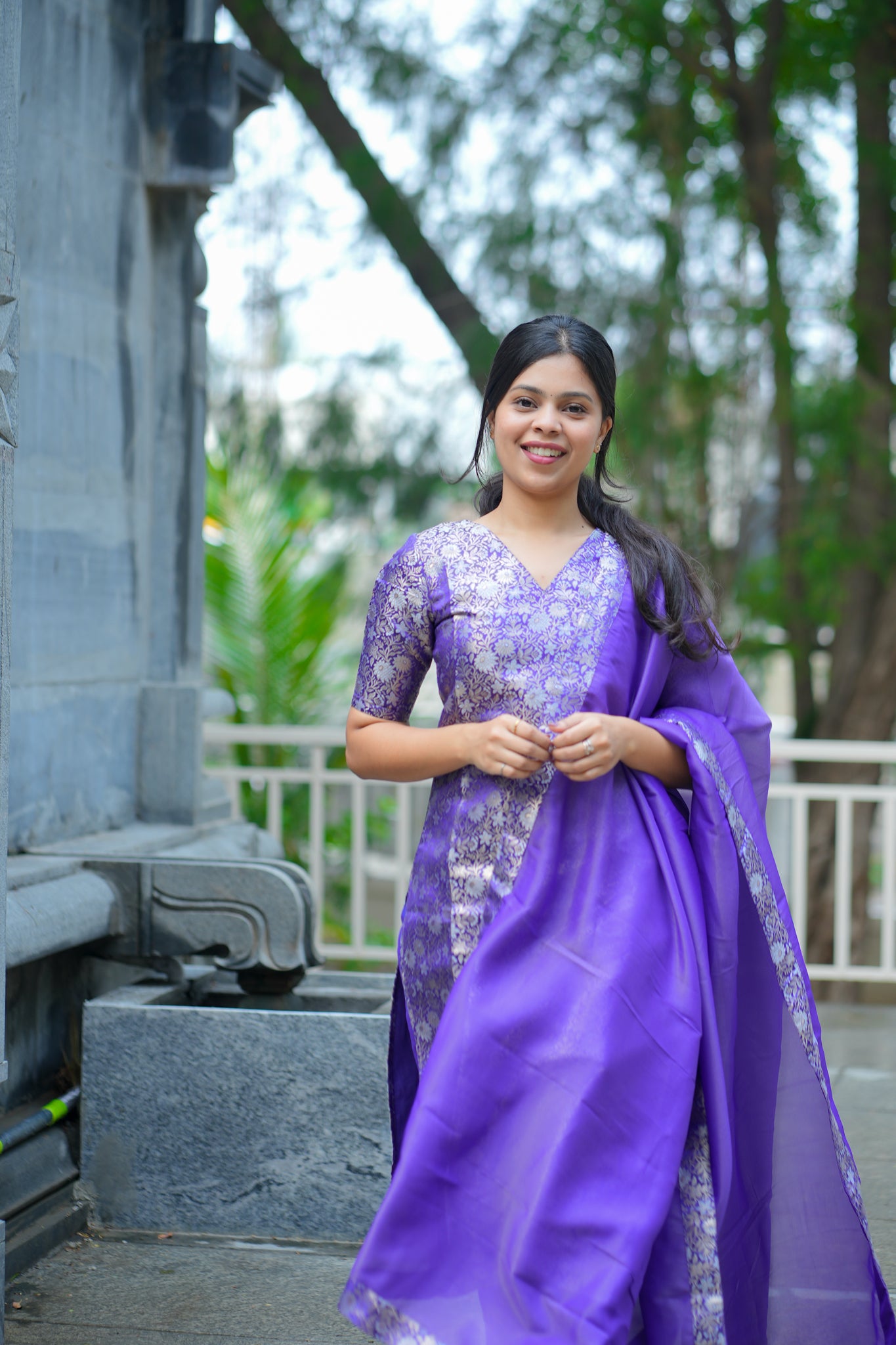 AA-125A Dark Violet Brocade Silk (3 pc Set) with Shimmer Silk Dupatta