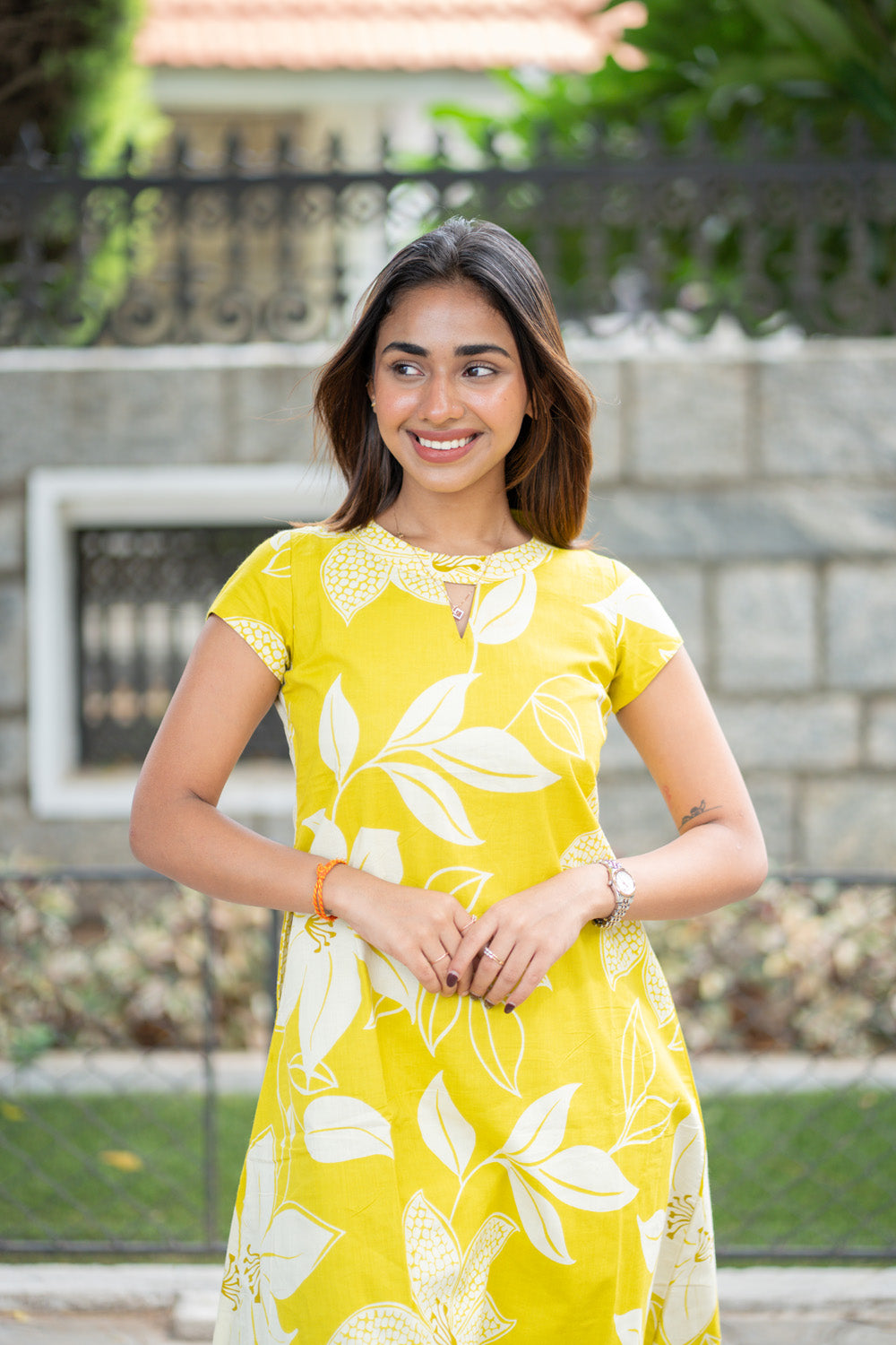 AA302 Neon Yellow Floral Cotton Co-Ord Set(with Lining & Pockets)