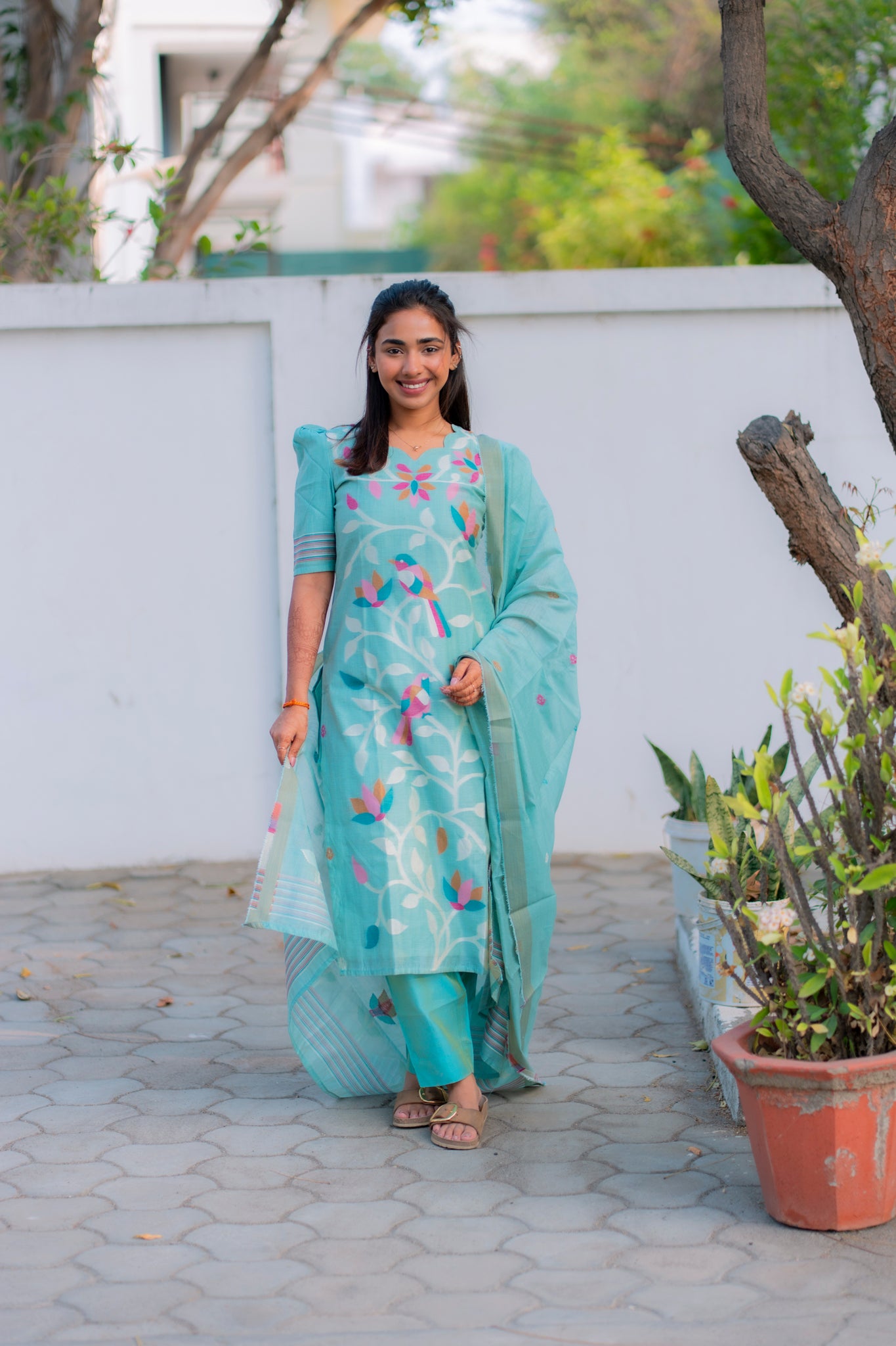 AA202 Blue Floral Linen Jamdhani 3 Pc Set
