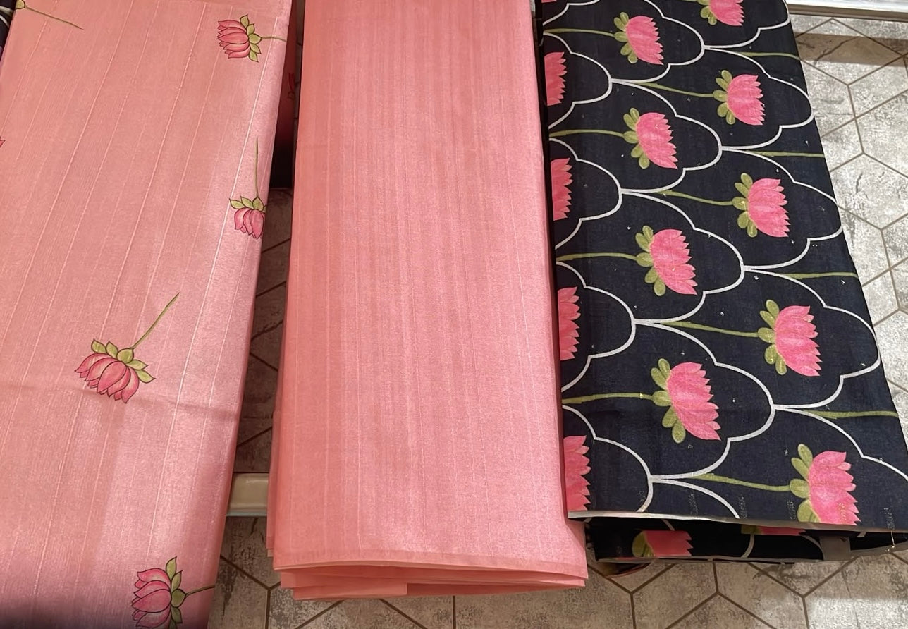 Black with Pink Lotus Salwar  semi Tussar set