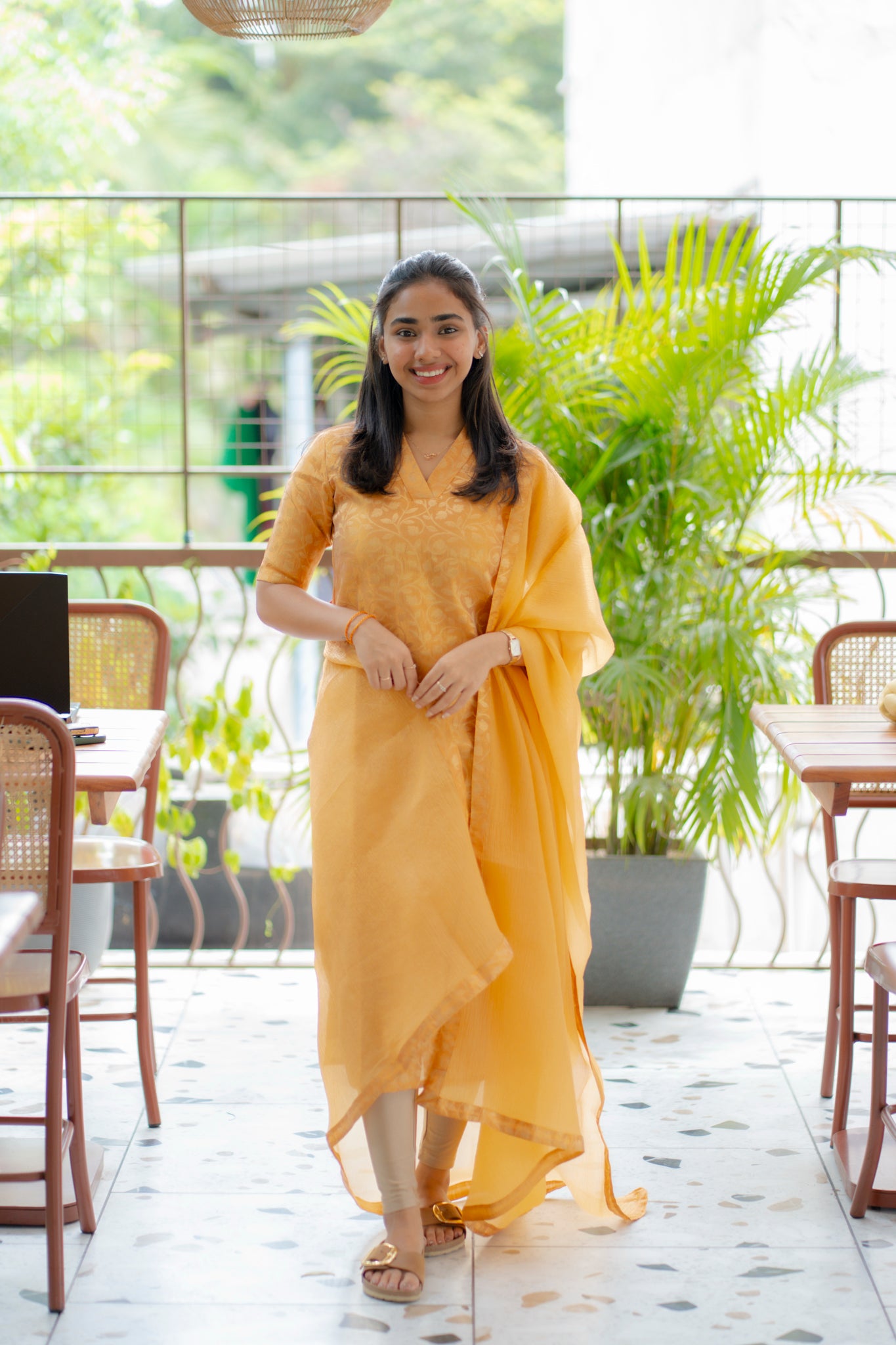 A144 Pastel Orange Floral Brocade Kurti with Crush Silk Dupatta