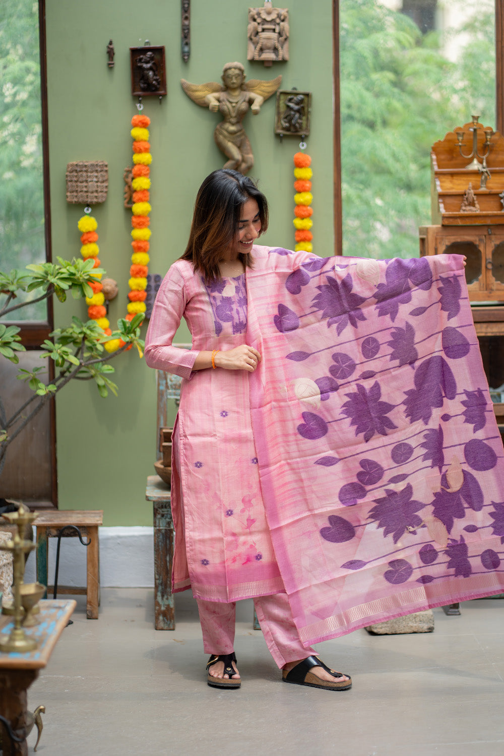 Pink with Purple Combo Swan & Pichwai Print Jamdhani Silk Salwar Set