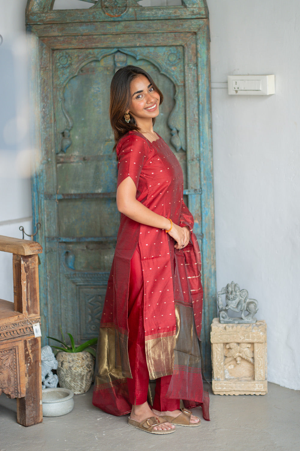 AA304 Plum Red Chanderi Silk Salwar Set with Scallop Neck (Rich & Classy Outfit with Golden Border & Golden Motifs)