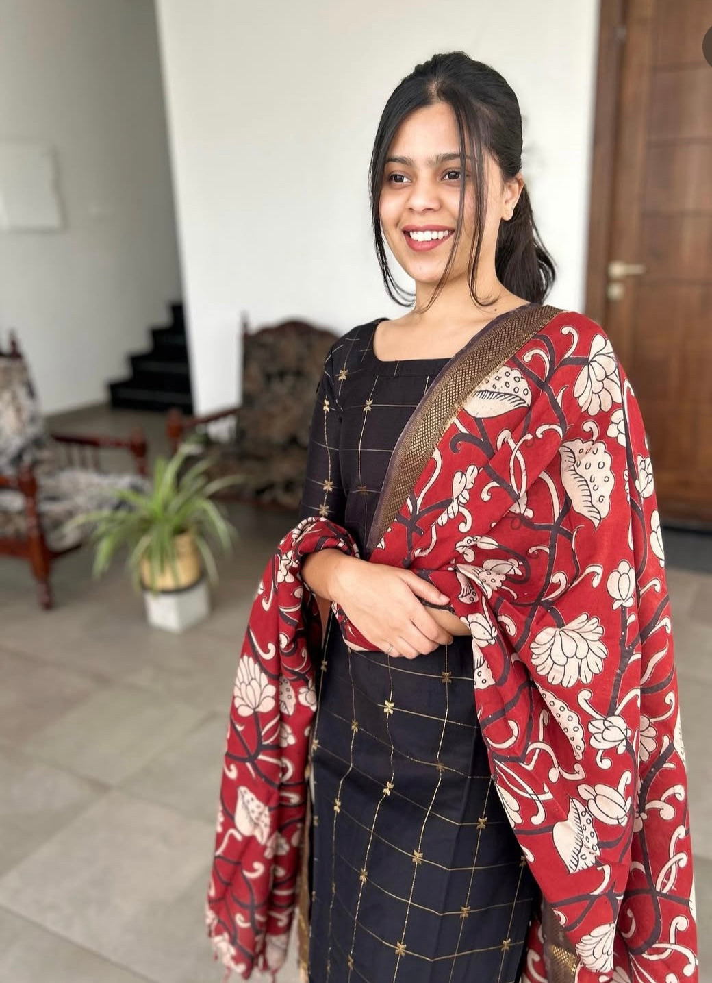 Black Raw Silk Kurti With Pure kalamkari Dupatta