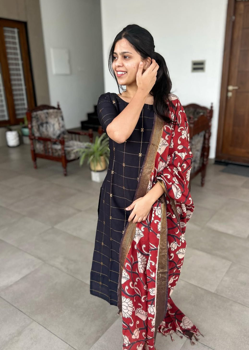 Black Raw Silk Kurti With Pure kalamkari Dupatta