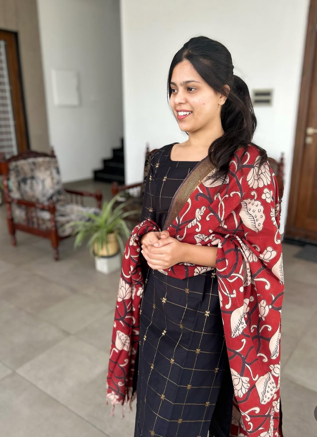 Black Raw Silk Kurti With Pure kalamkari Dupatta