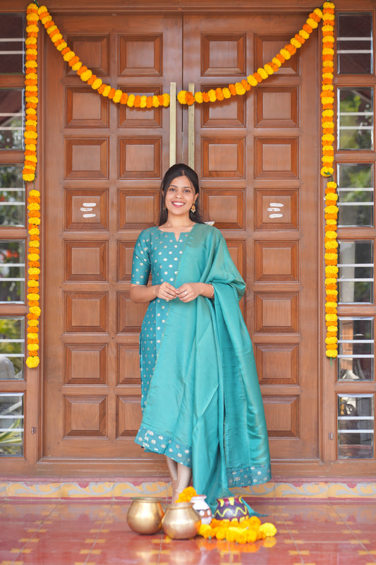 AA160 Turquoise Blue Chanderi Jacquard Silk Kurti With Shimmer Silk Dupatta