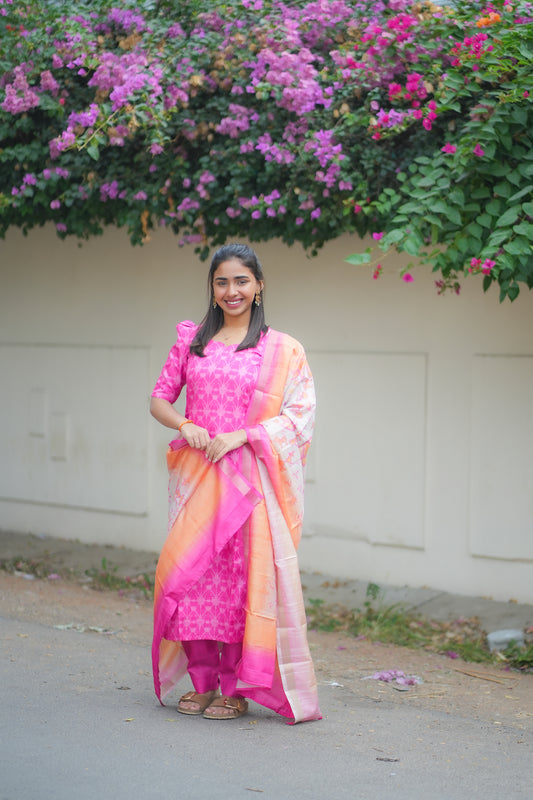 AA167 Barbie Pink kollam Silk 3 pc Set