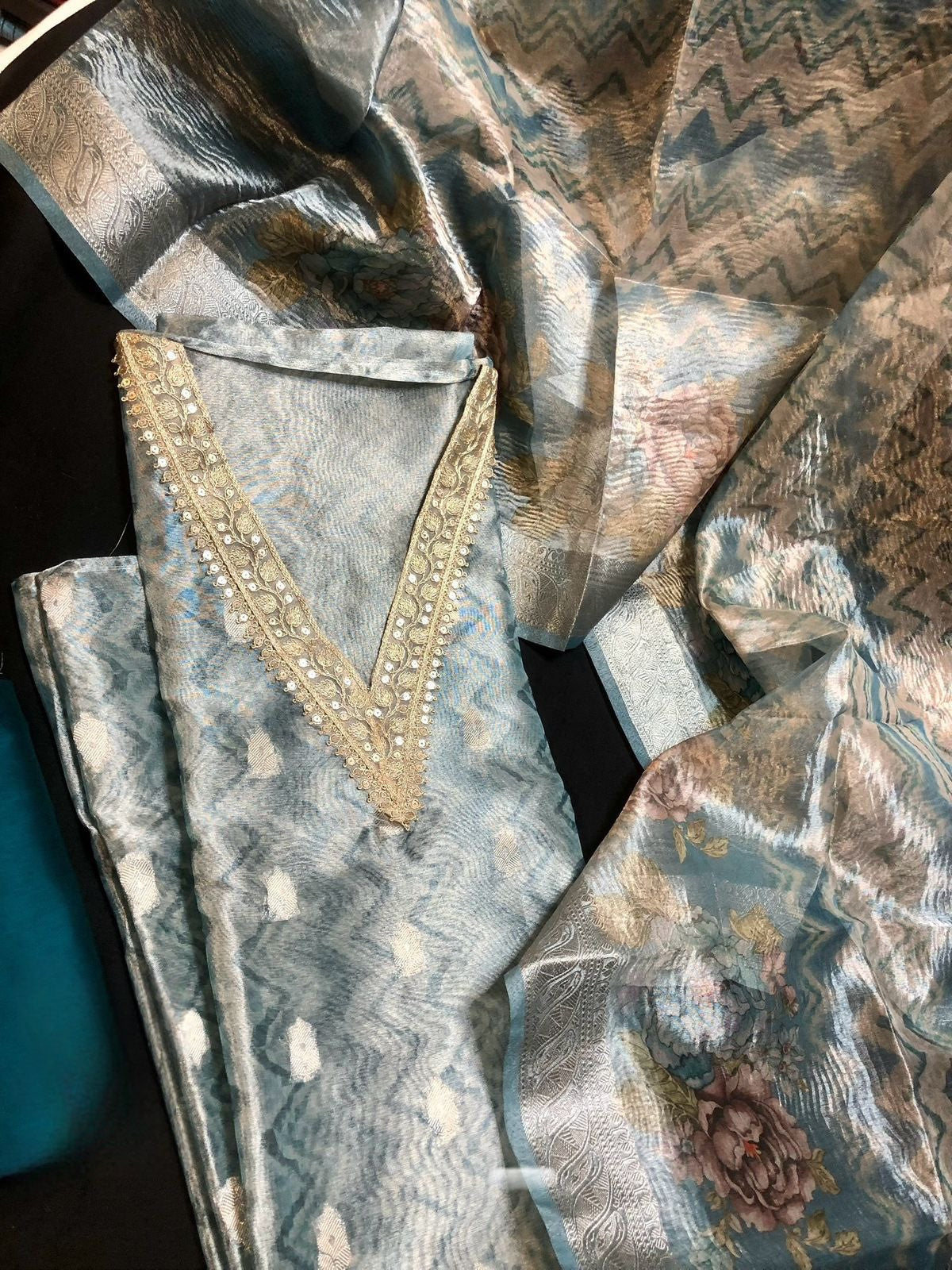 Tissue Silk Salwar Material with Crushed Dupatta