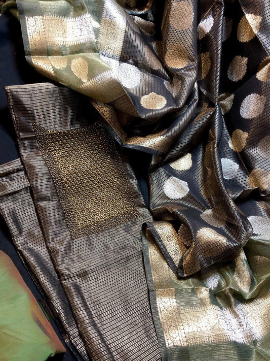 Black with Green Tissue Silk 3 pc set