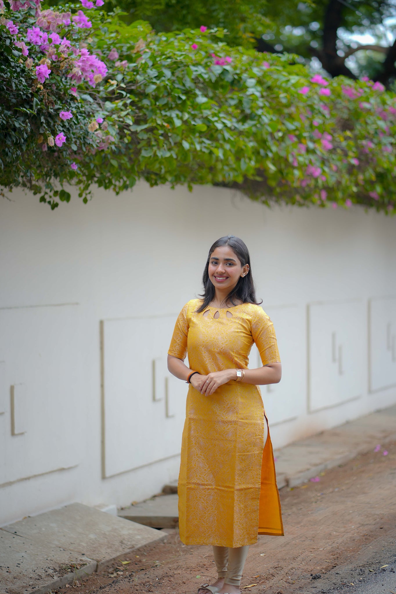 AA117 Mango Yellow Art Silk Kurti with Green Stripes Silk Dupatta
