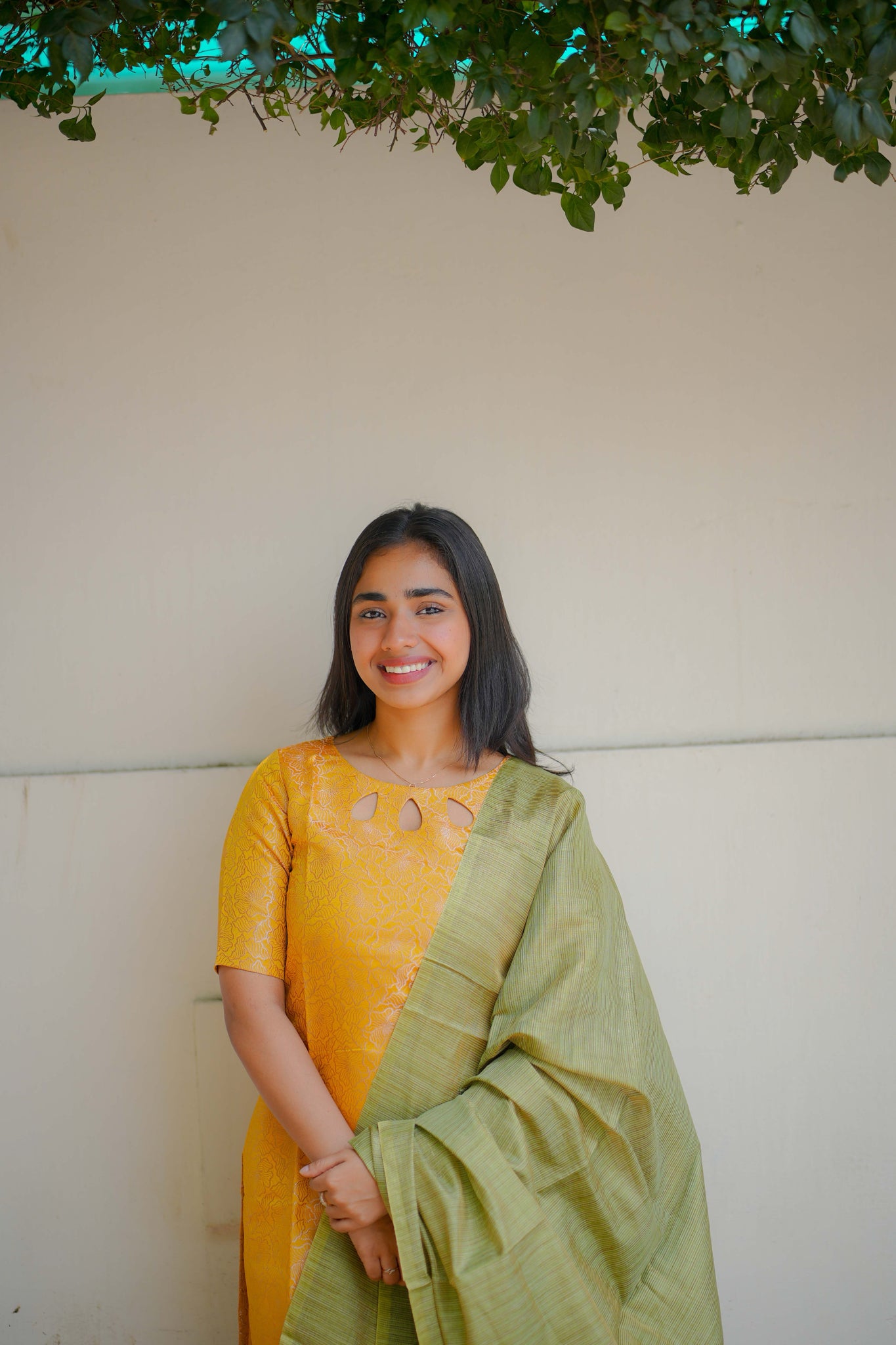 AA117 Mango Yellow Art Silk Kurti with Green Stripes Silk Dupatta