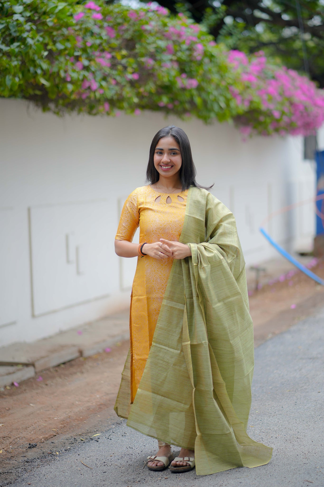 AA117 Mango Yellow Art Silk Kurti with Green Stripes Silk Dupatta