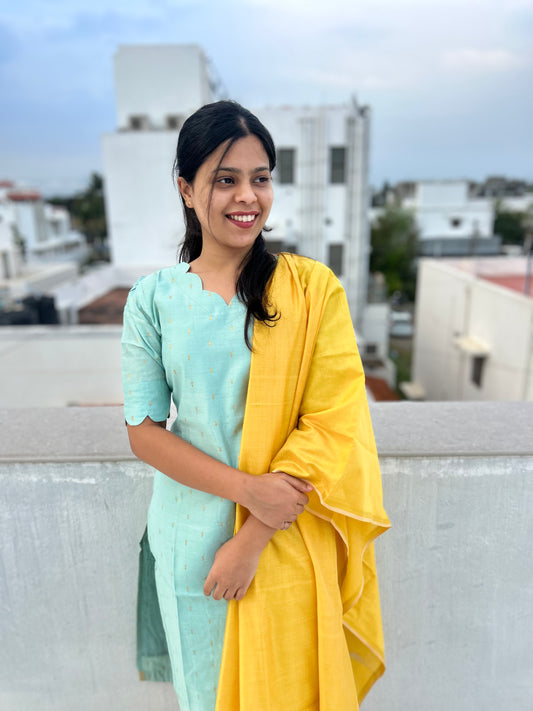 Sky Blue Silk Kurti with Yellow Chanderi Silk Dupatta