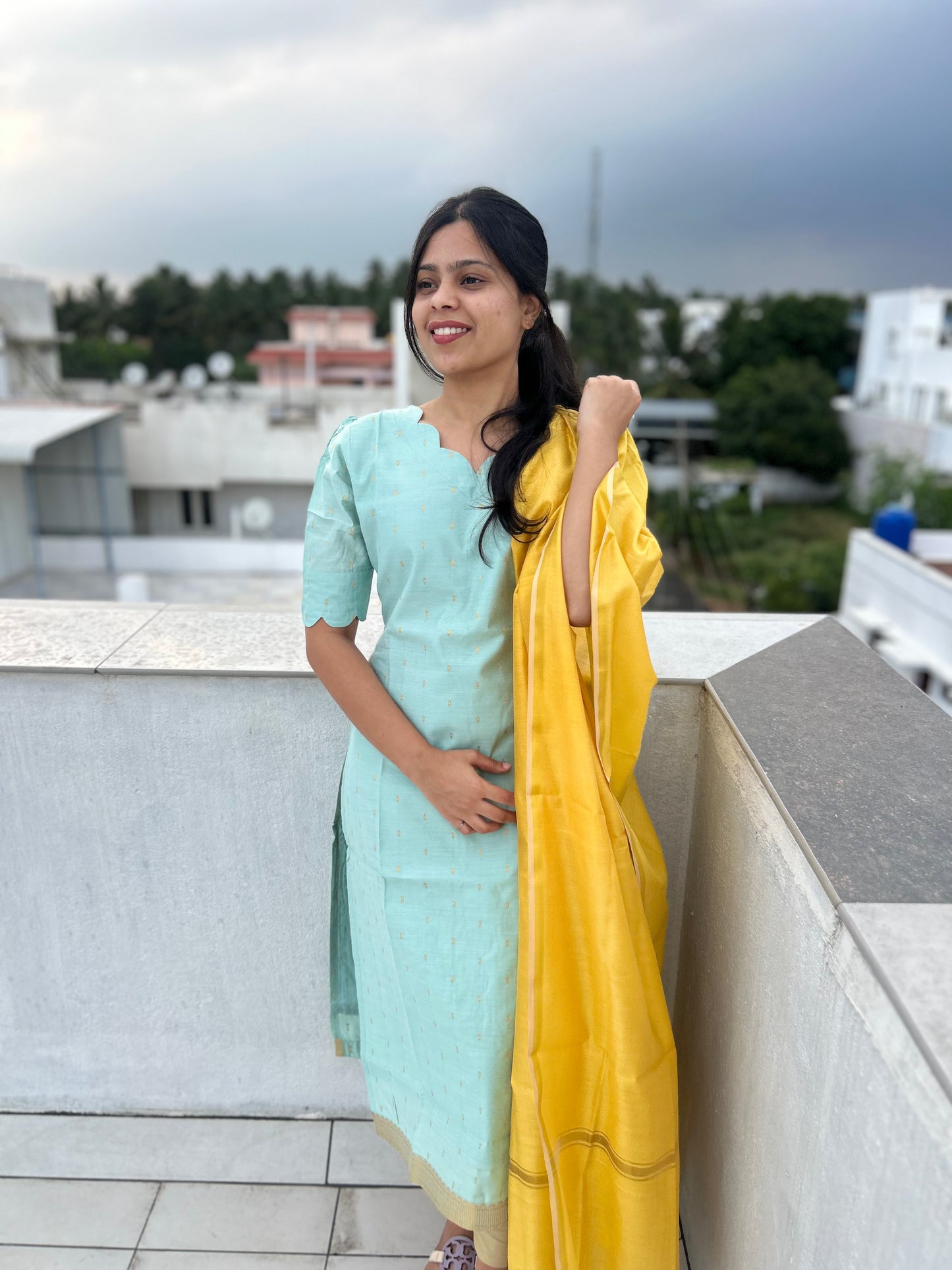 Sky Blue Silk Kurti with Yellow Chanderi Silk Dupatta