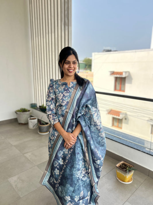 Blue Floral Manipuri Checks Kurti with Dupatta