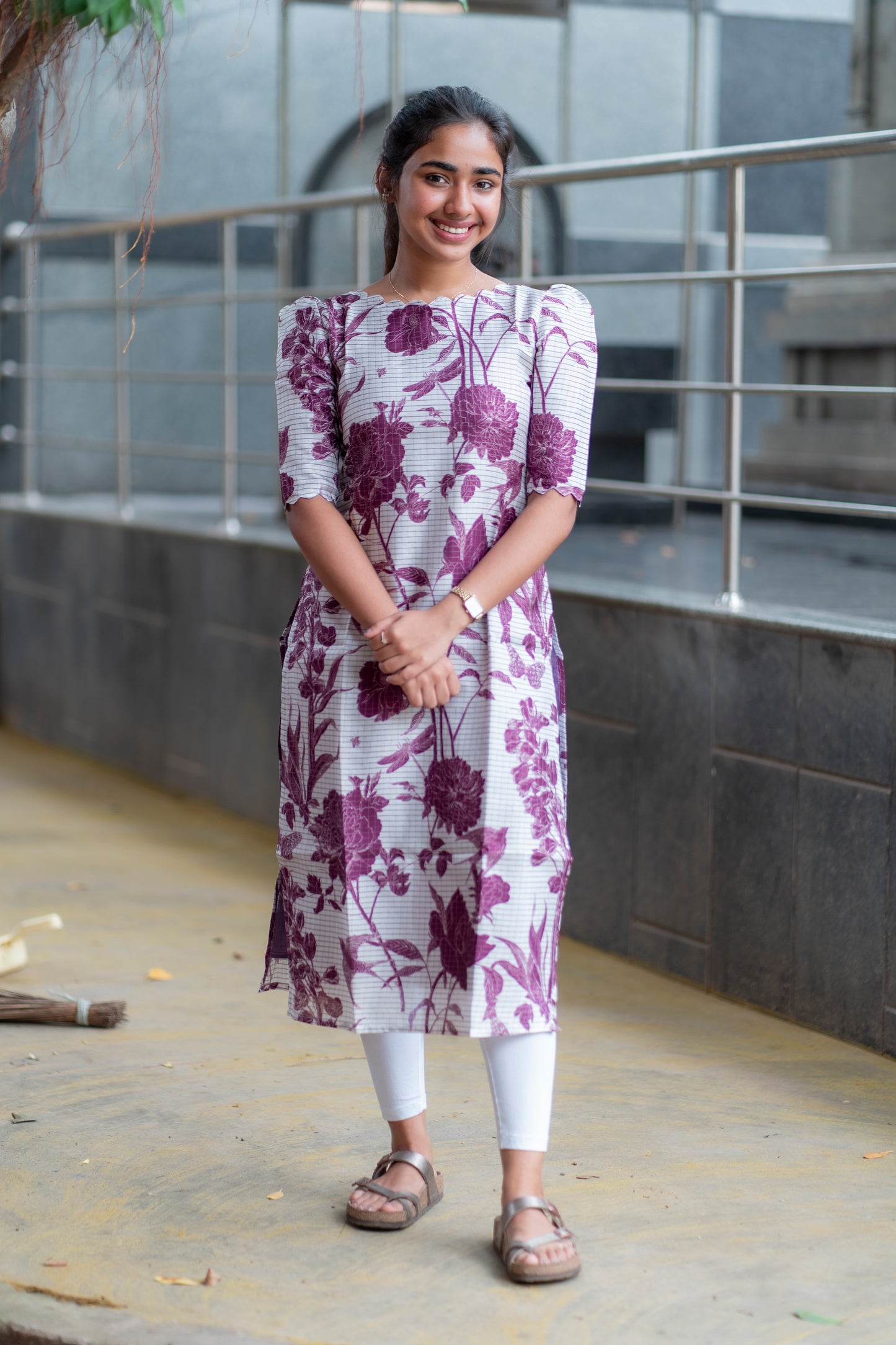 White Floral Manipuri Checks Kurti