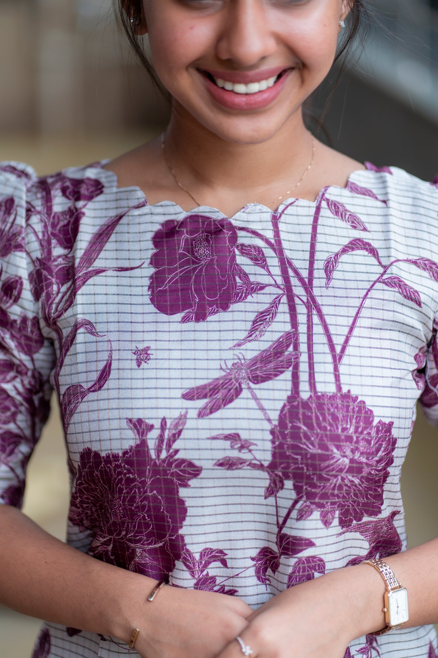 White Floral Manipuri Checks Kurti