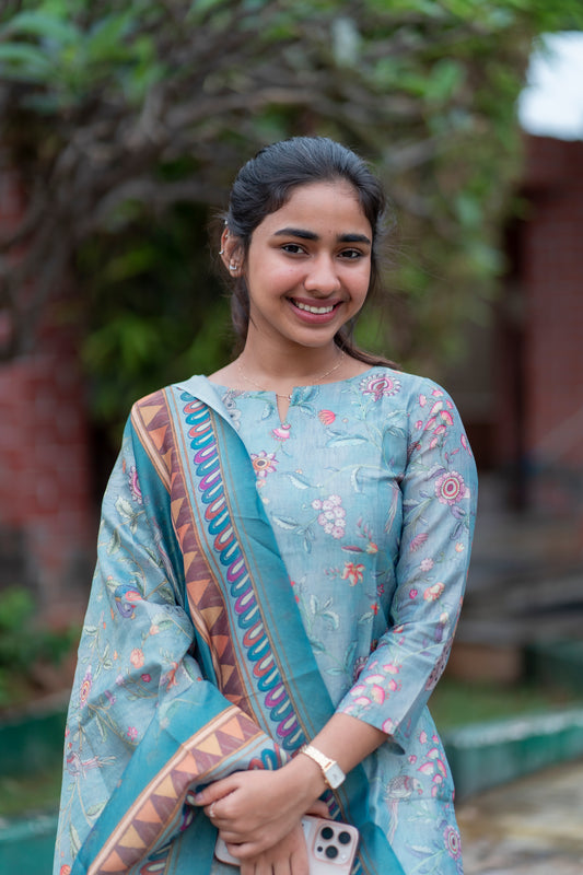 Blue Chanderi Silk Top with Shawl