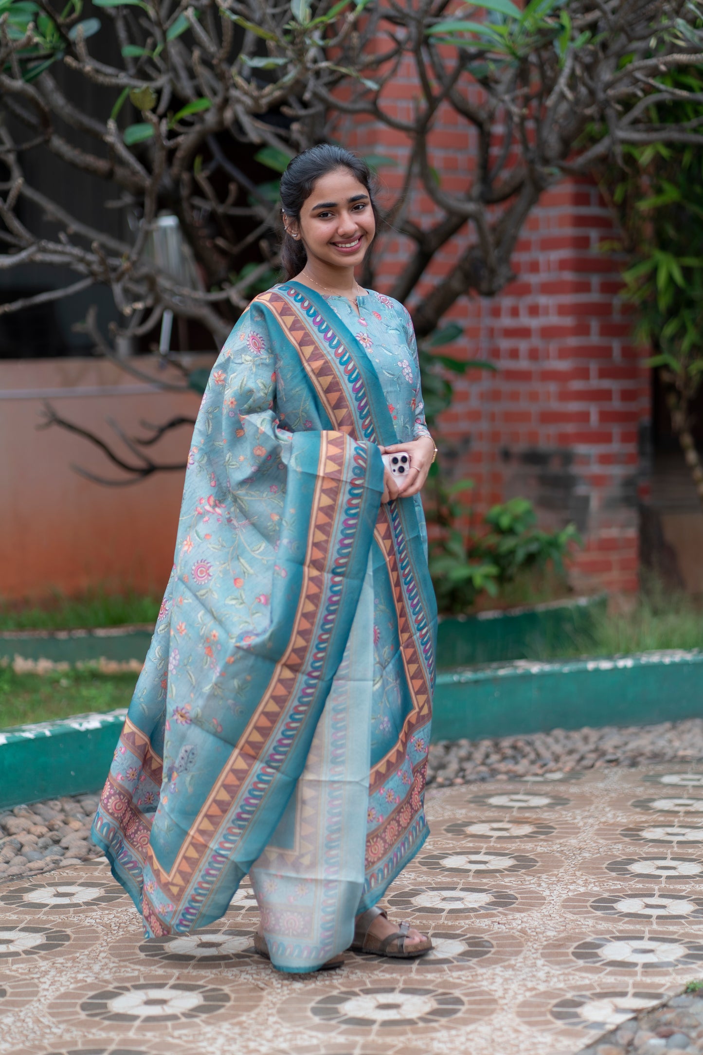 Blue Chanderi Silk Top with Shawl